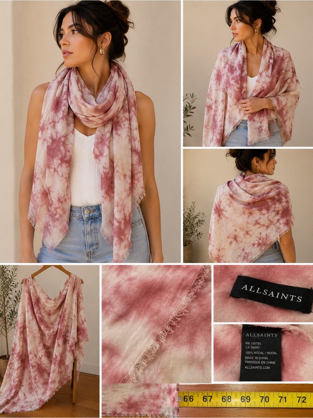 AllSaints Tie Dye Scarf Large Oblong 70” Modal Pink Cream Raw Edge Boho Wrap